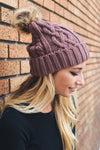Cable Knit Beanie with Faux Fur Pom Beanies Mauve