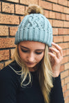 Cable Knit Beanie with Faux Fur Pom Beanies Mint