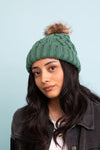 Cable Knit Beanie with Faux Fur Pom Beanies Pine