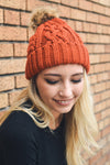 Cable Knit Beanie with Faux Fur Pom Beanies Rust