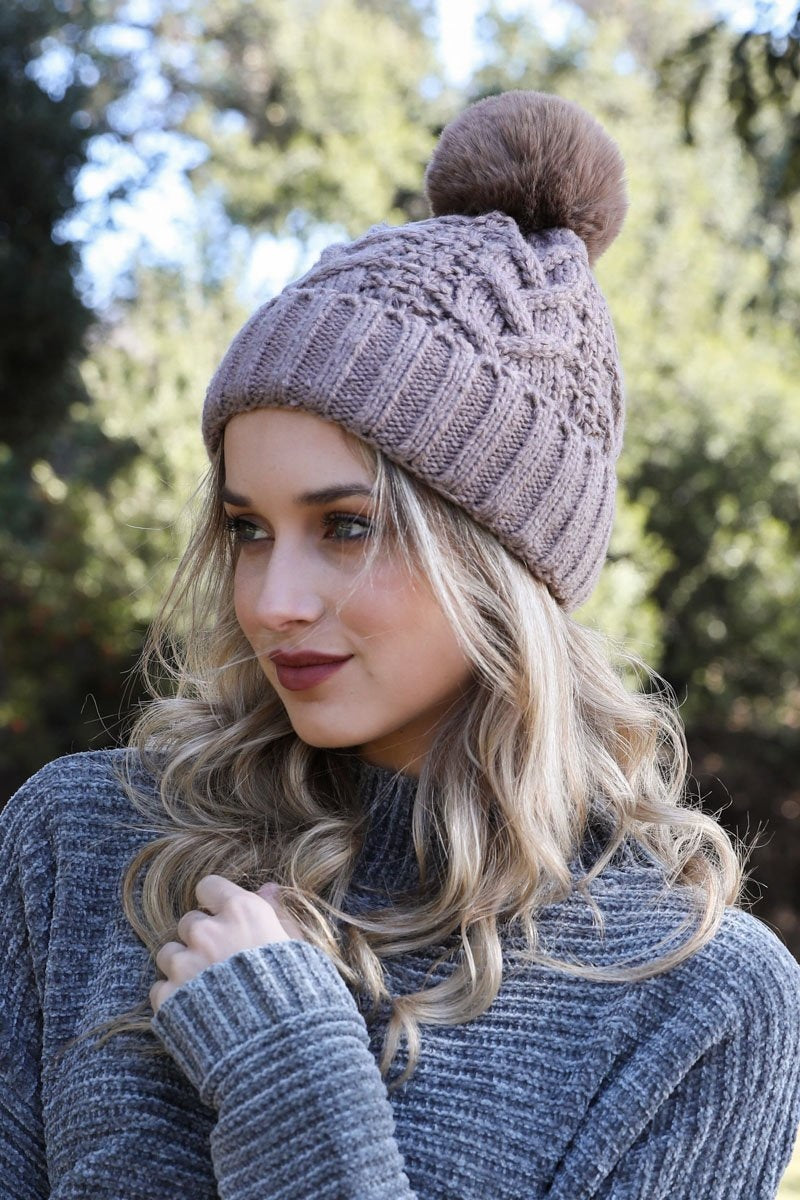 Cable Knit Pom Beanie Hats & Hair Gray