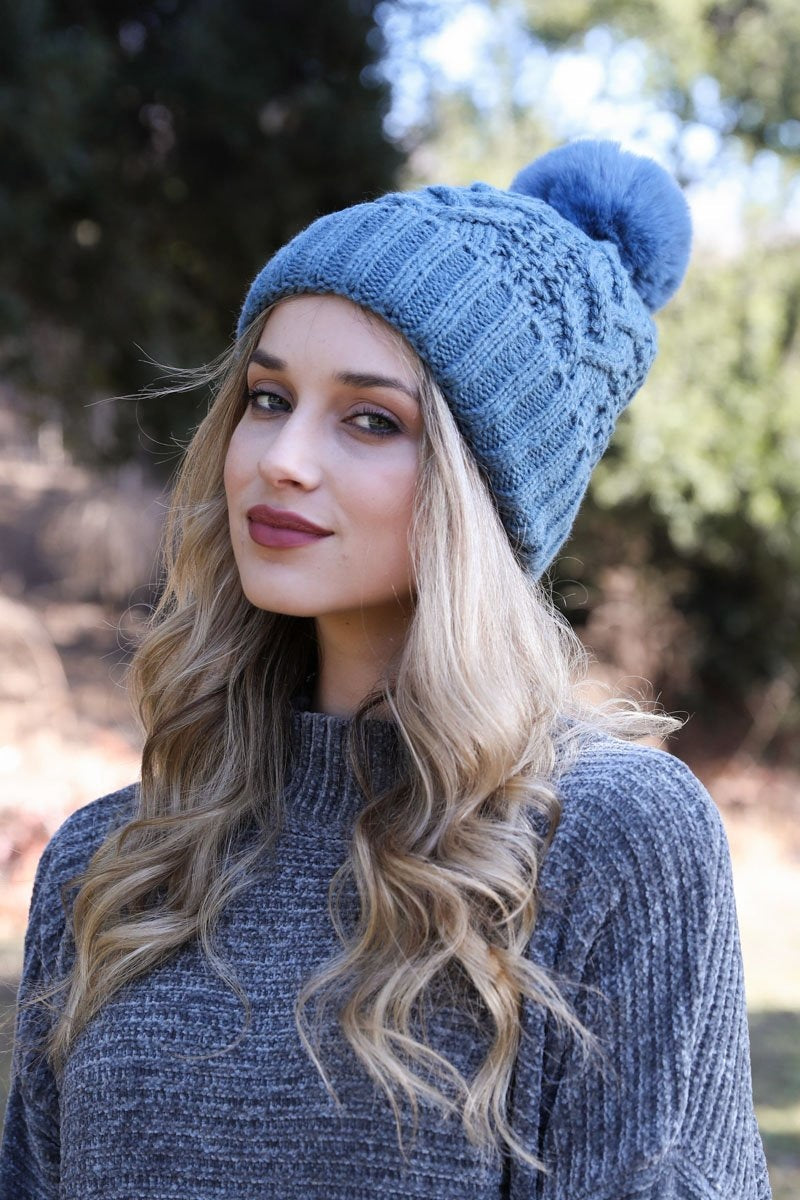 Cable Knit Pom Beanie Hats & Hair Prussian Blue