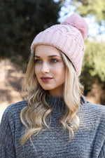 Cable Knit Pom Beanie Hats & Hair Puff Pink