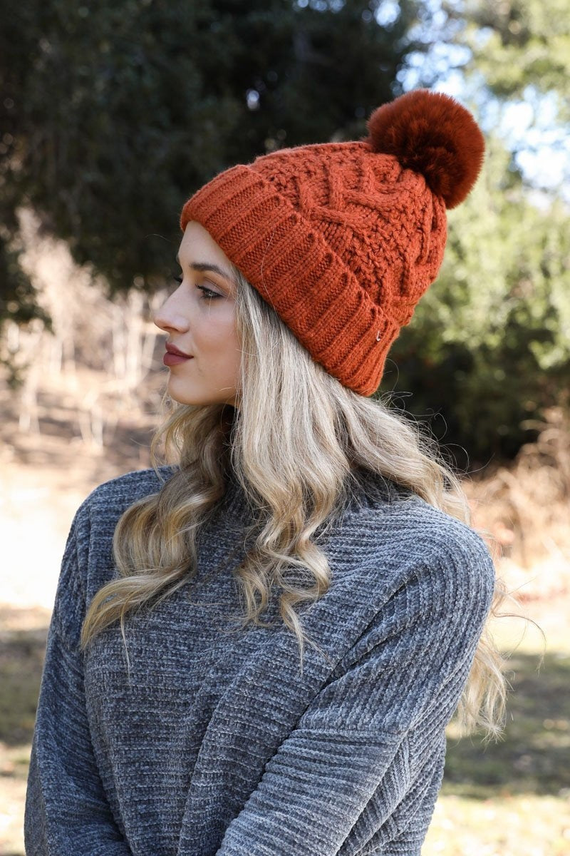 Cable Knit Pom Beanie Hats & Hair Rust