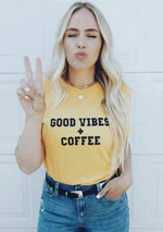 GOOD VIBES + COFFEE Yellow Gold Tee, Good Vibes, Good Vibes Only, Coffee tee, Coffee shirt, Coffee gifts, Coffee Tshirts