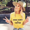 GOOD VIBES + COFFEE Yellow Gold Tee, Good Vibes, Good Vibes Only, Coffee tee, Coffee shirt, Coffee gifts, Coffee Tshirts