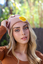 Smiley Face Ribbed Beanie Beanies Beige