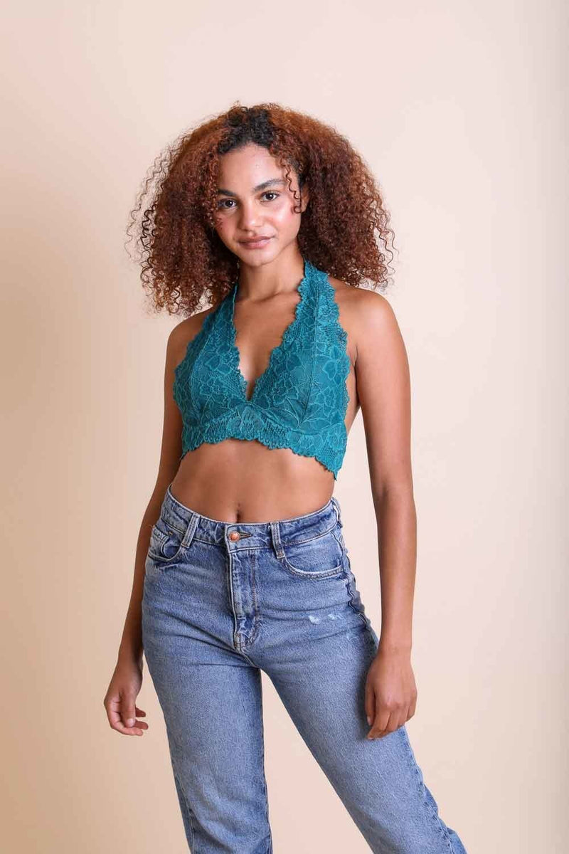 Floral Lace Halter Bralette Small / Teal