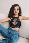 Flower Embroidery High Neck Bralette Small / Black