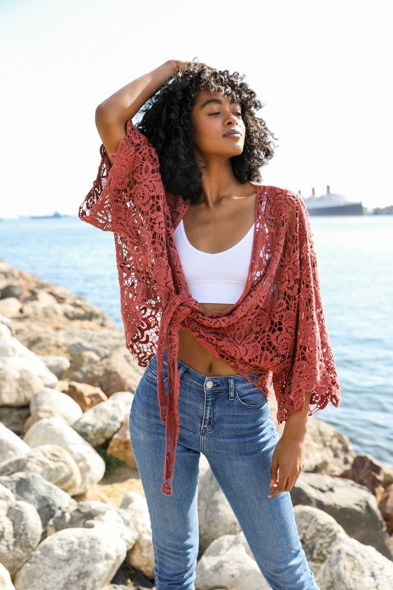 Magnolia Lace Tie Front Cover Up Wrap Rust